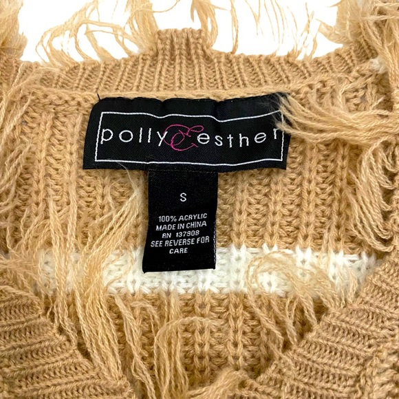 Polly & Esther Beige & White Stripes Destructed Chunky Knit Cropped Sweater, S - Picture 10 of 10